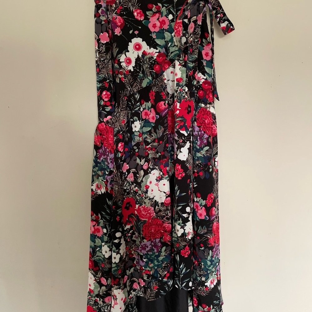 Anthropologie Hutch Black Floral High-low maxi skirt with Red and Green Accents